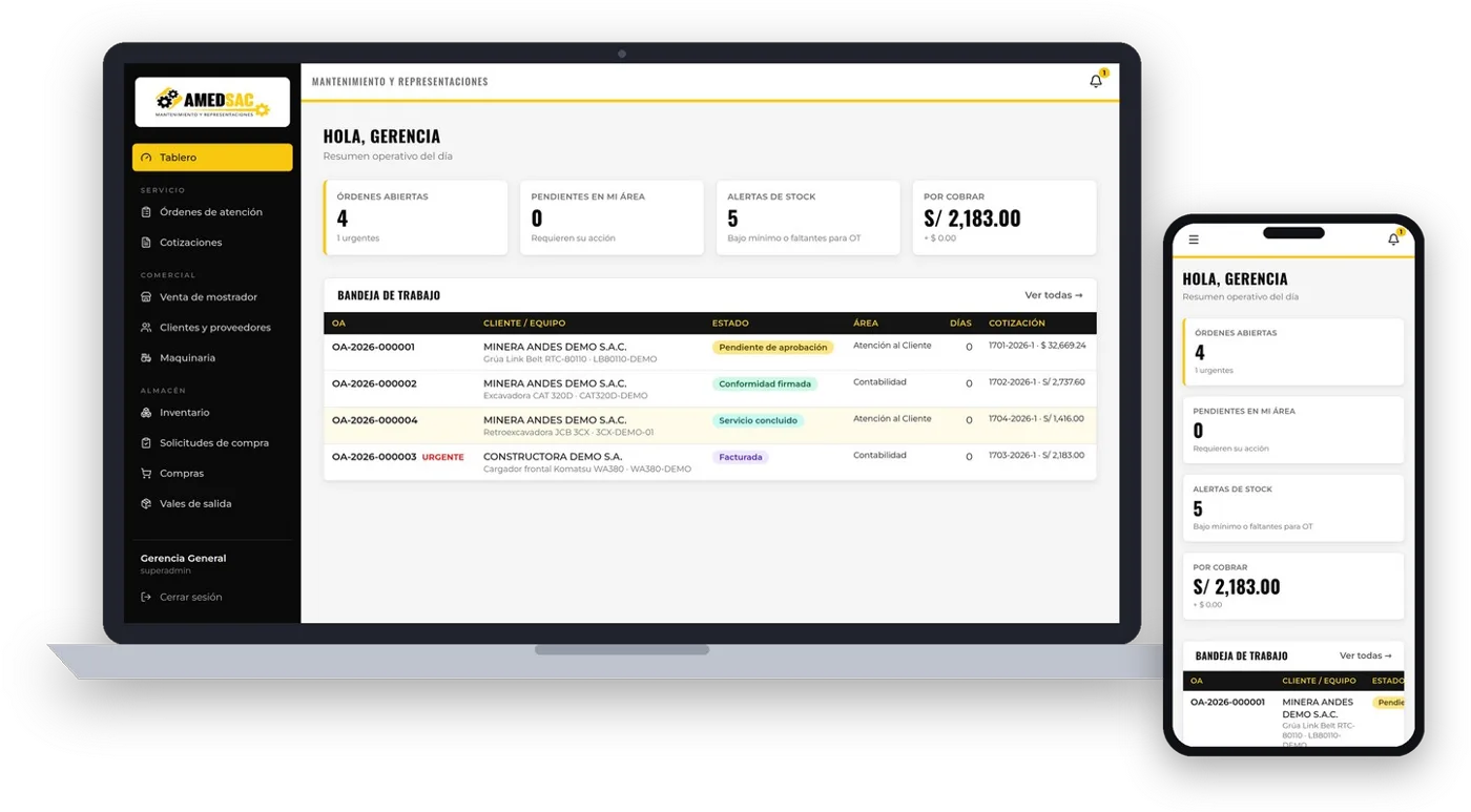 Tablero del ERP en laptop y celular